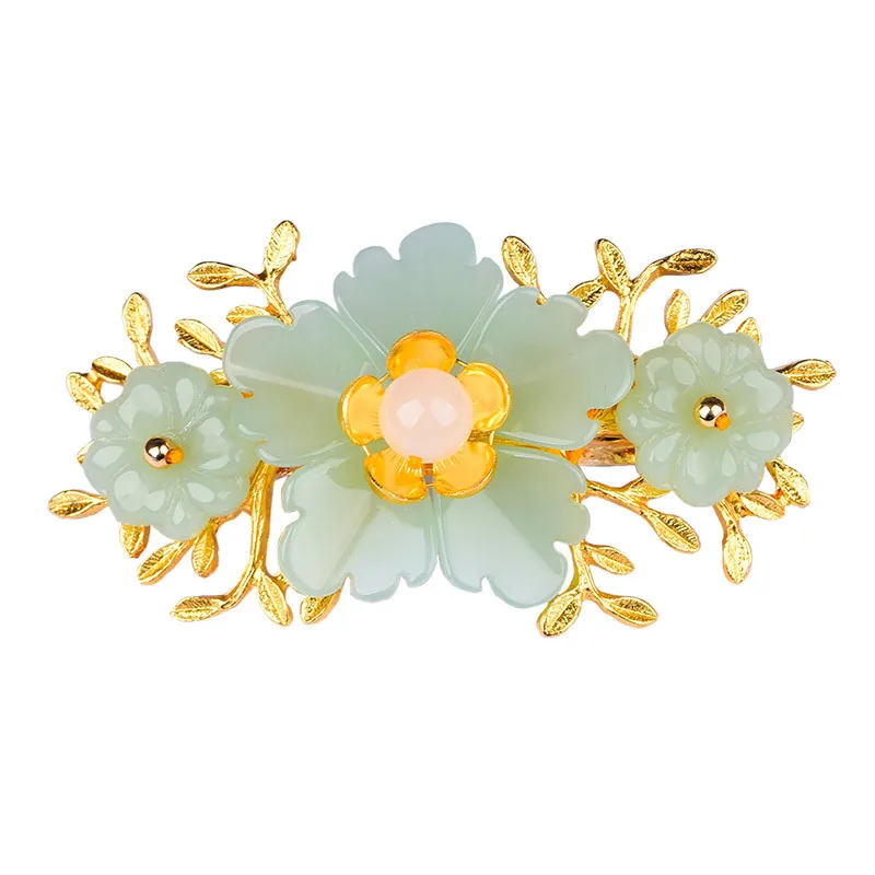 Gold Plated Jewelry - Pasador de flores de Jade verde,
